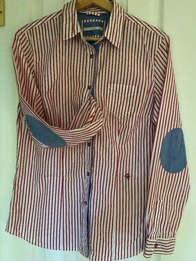 🇩🇪 BRAX Feel Good Red Striped Chambray Elbow Patch Blouse - EU 40 / US 10 M